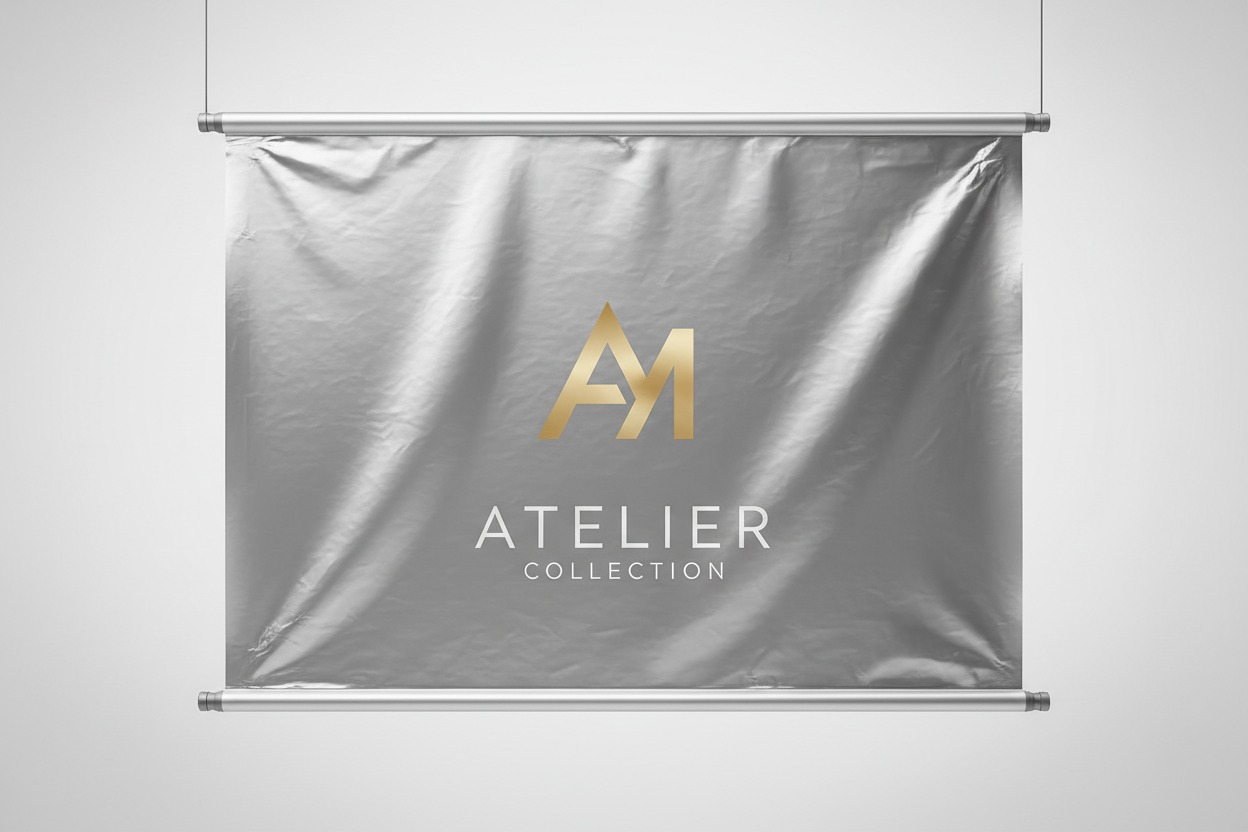Srebrny, pognieciony baner z zawieszonym złotym logo AM oraz napisem ATELIER COLLECTION.